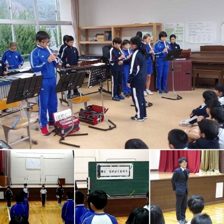 児童たちが楽器を演奏したり、みんなの前で新しい先生が自己紹介をしている複数の写真