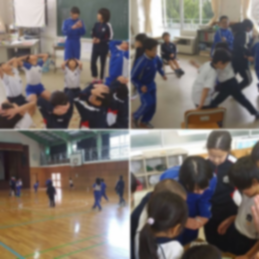 教室で学年を越えて児童たちが一緒にゲームをして遊んでいる複数の写真