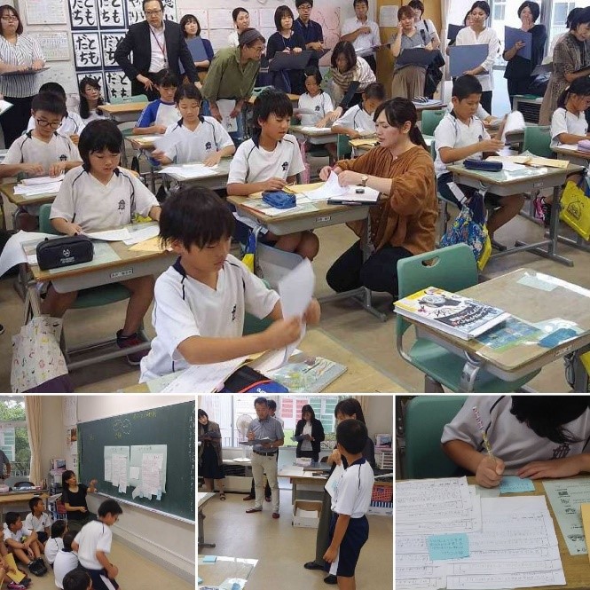 他の学校の先生や司書さんに見守られながら、児童たちが書いてまとめたり、発表している複数の写真