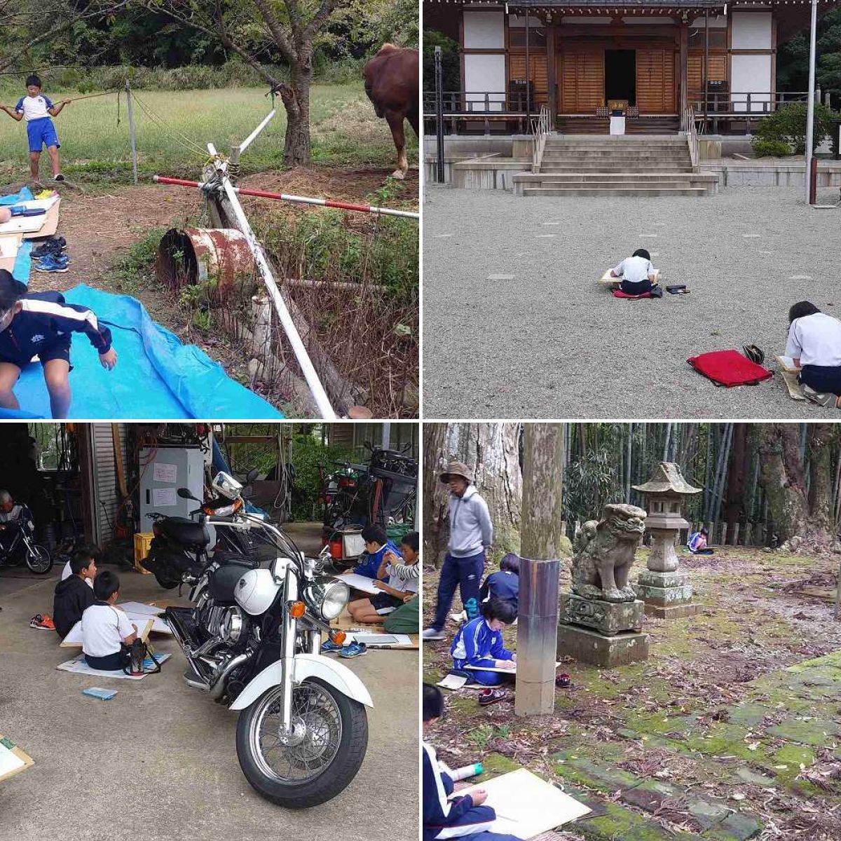 児童たちが馬や神社、バイクなどを真剣に写生している複数の写真