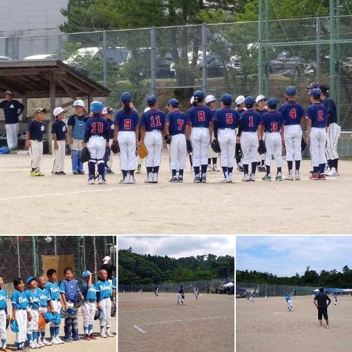 グラウンドで児童達が整列し、相手チームと向かい合って試合前のあいさつをする様子や、試合の場面を写した複数の写真