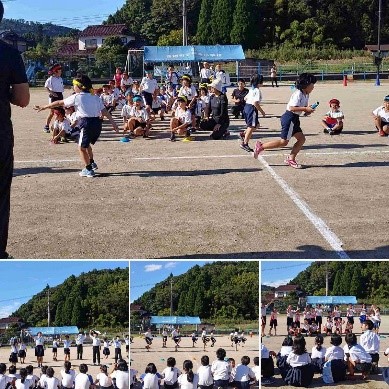 運動場で児童たちがリレーでバトンを渡していたり、観客が応援している複数の写真