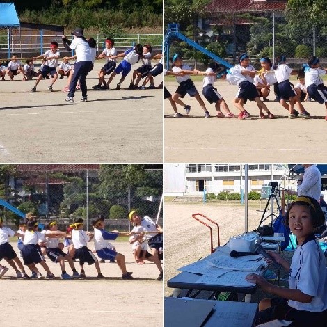 運動場で児童たちが綱引きをしたり、児童が実況アナウンスをしている複数の写真