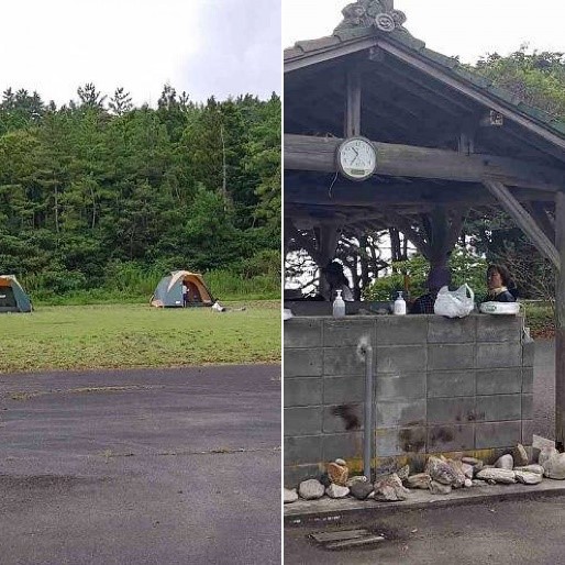 外で建てたテントや炊飯場の写真