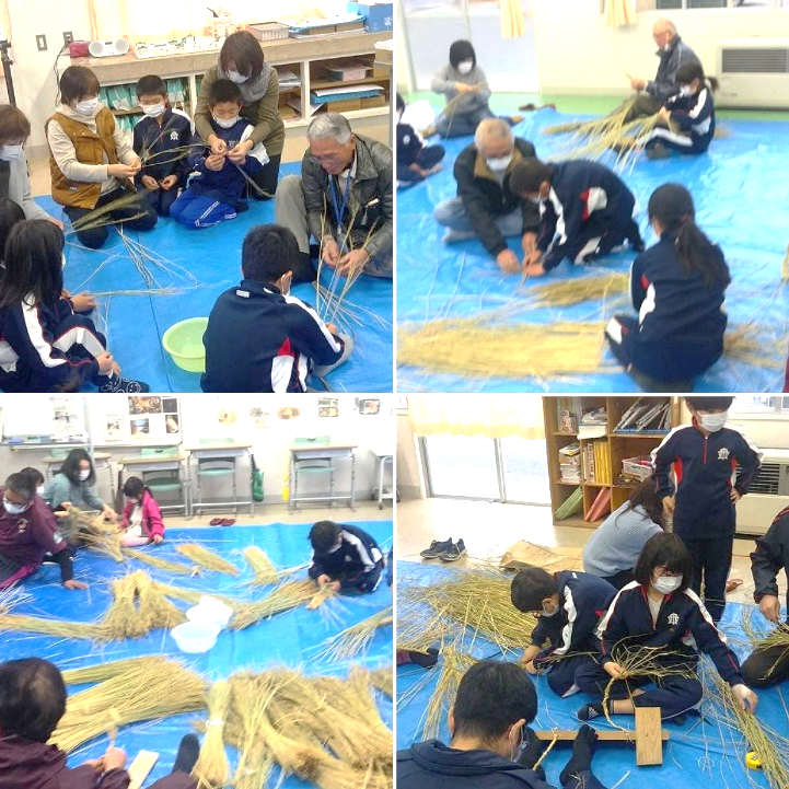 地域の人に教えてもらいながら児童たちがしめ縄を編んでいる複数の写真