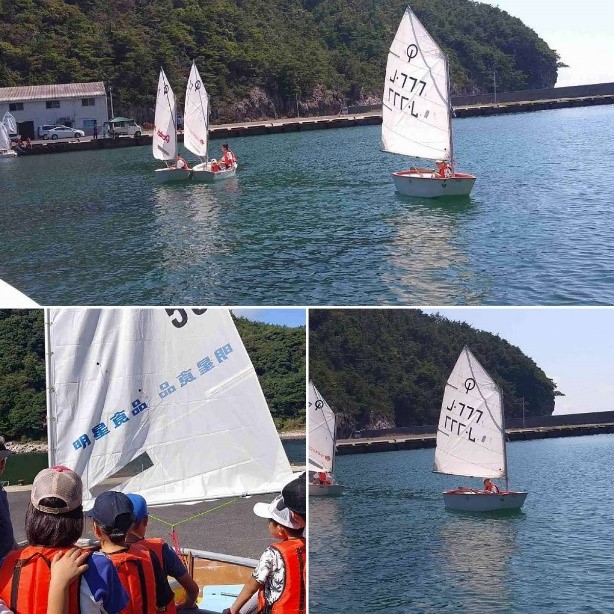 児童たちがヨットの帆を眺めたり、ヨットに乗っている複数の写真