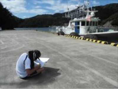 快晴の中、児童が港に座り船を写生している写真