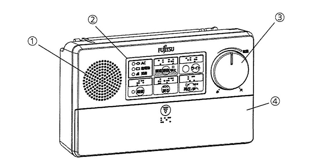 防災行政無線受信機「CR-672B型」前面の各部を数字で示している説明図