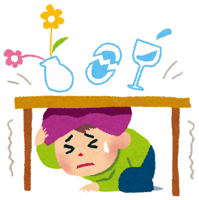 地震のとき頭にクッションを当て机の下に避難している人のイラスト