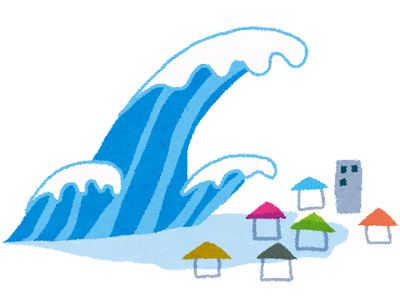 住宅地を襲う非常に大きい津波のイラスト