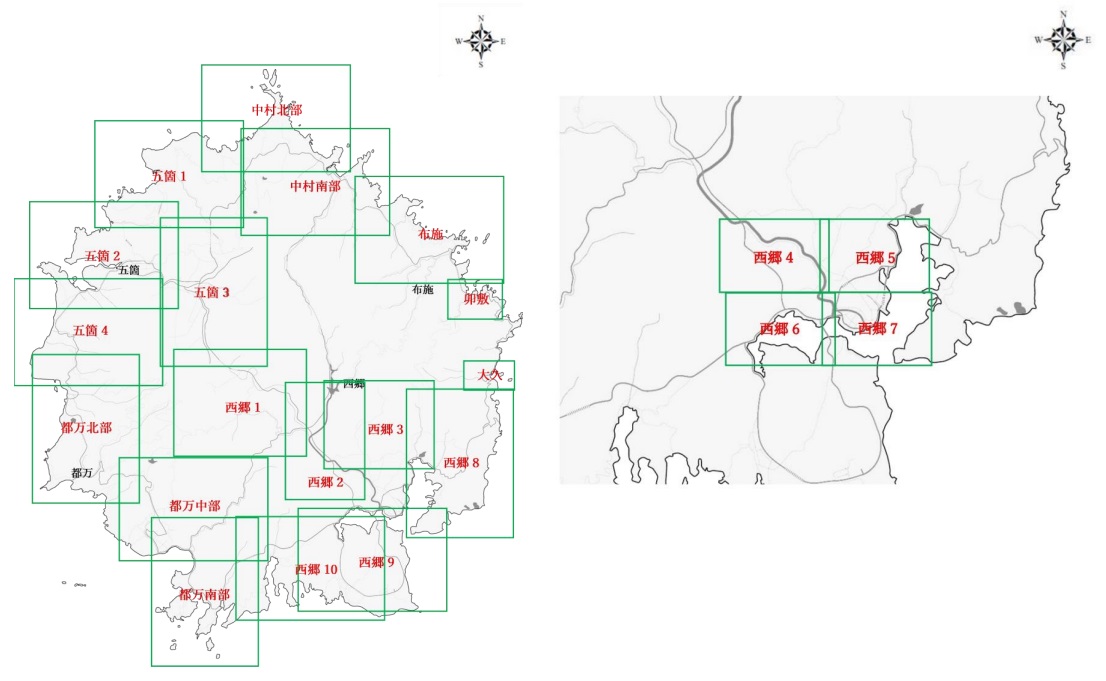 各地区のハザードマップの表示領域を緑色の線で囲っている隠岐の島町の地図