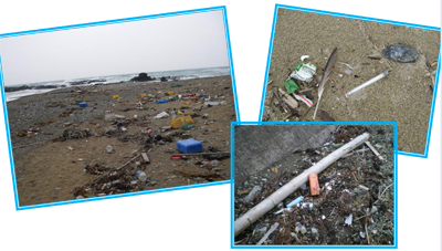 海岸に流れ着いた大量の海岸漂着危険物が3パターン映った写真